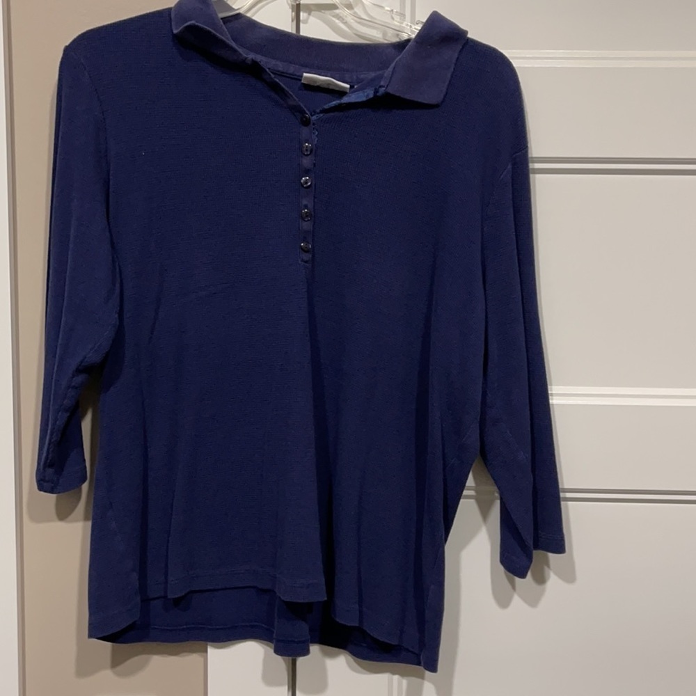Denim & Company Women Navy Henley 3/4 sleeve top with collar